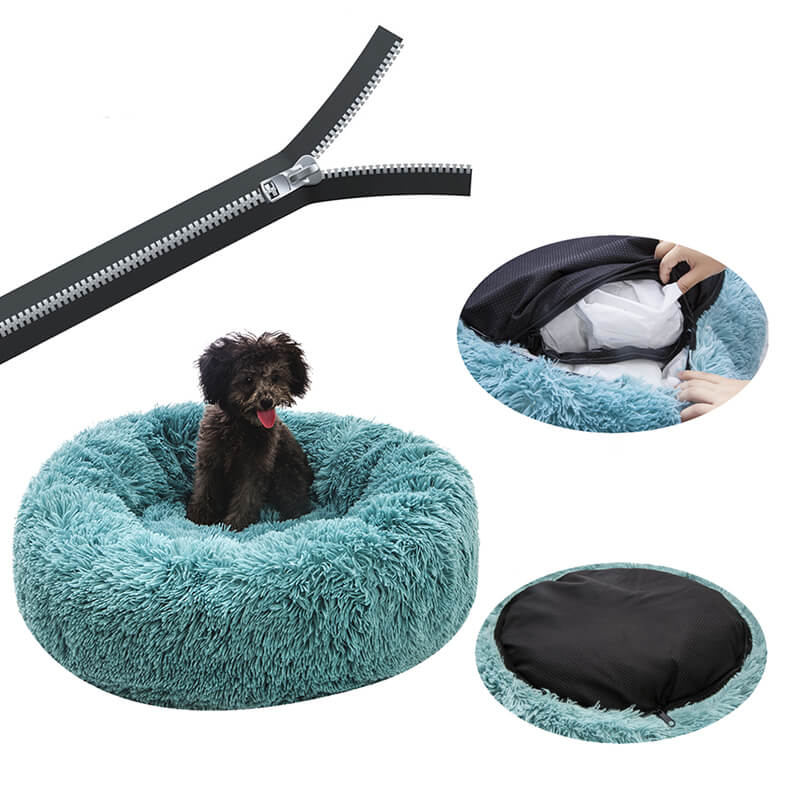 Round Plush Portable Calming Donut Dog Bed With Zipper Self-Warming House Dog Mat Soft Long Plush Dog Cat Calming Bed Basket Pet Cushion