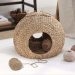 Water Hyacinth Woven Wicker Round Cat Bed Cave With Handles - Image 3