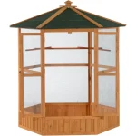 69″ Large Wooden Hexagonal Outdoor Aviary Flight Bird Cage with Covered Roof, Brown