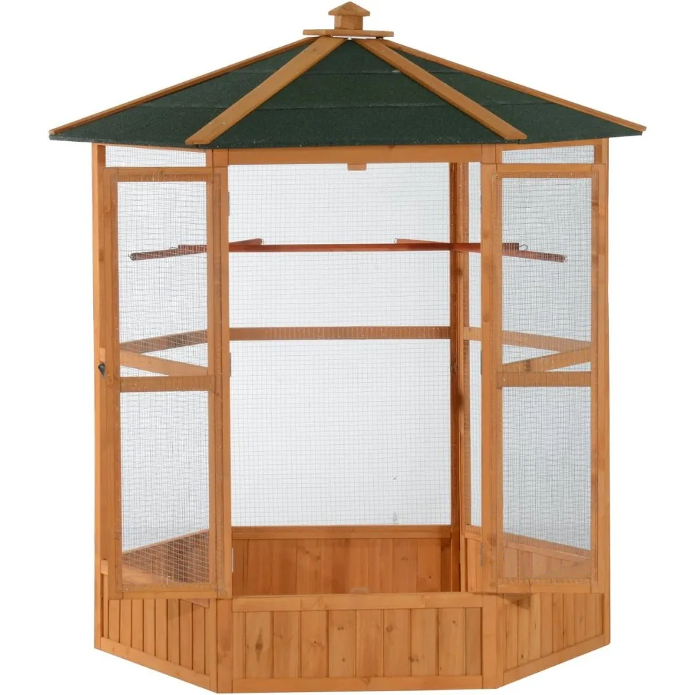 69″ Large Wooden Hexagonal Outdoor Aviary Flight Bird Cage with Covered Roof, Brown 69″ Large Wooden Hexagonal Outdoor Aviary Flight Bird Cage with Covered Roof, Brown