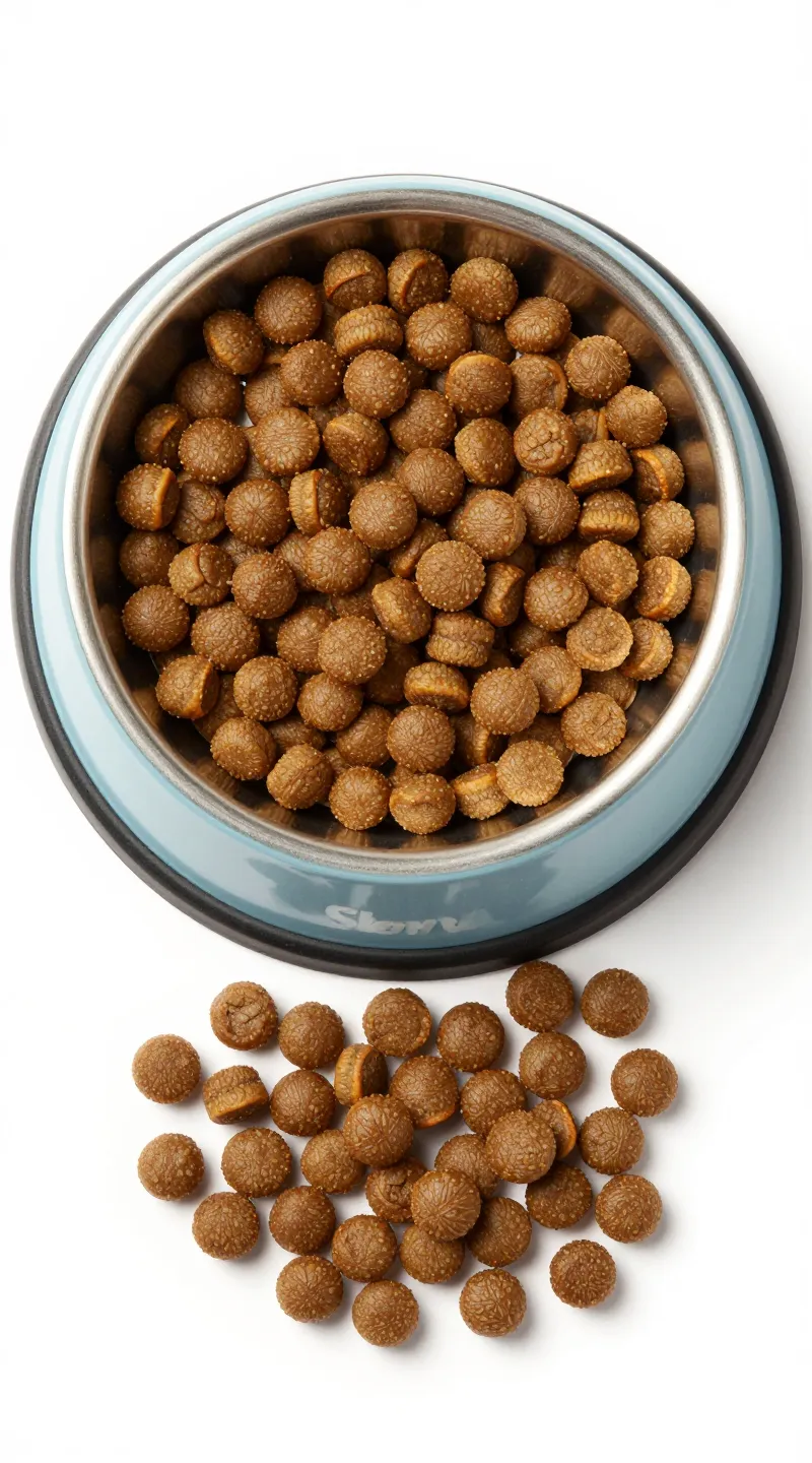 Dog slow-feeder bowl with kibble, top-down studio shot