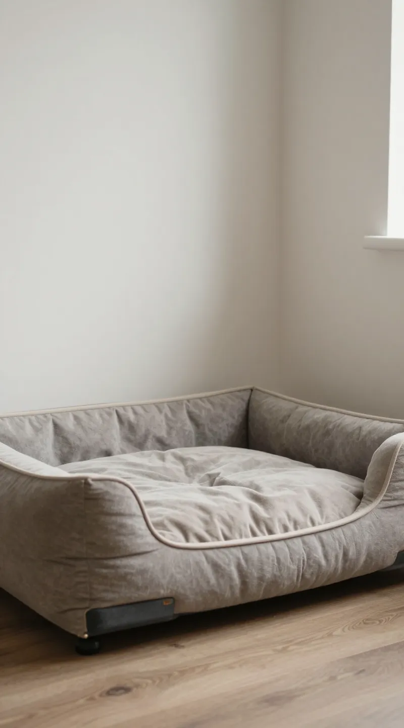 Neutral-toned orthopedic pet bed in cozy corner, natural light