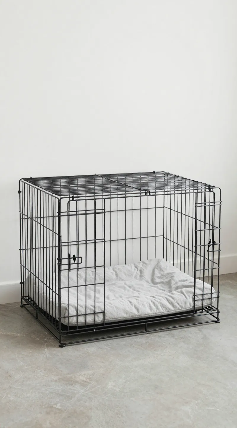 Wire dog crate with comfy bedding, minimal modern living room