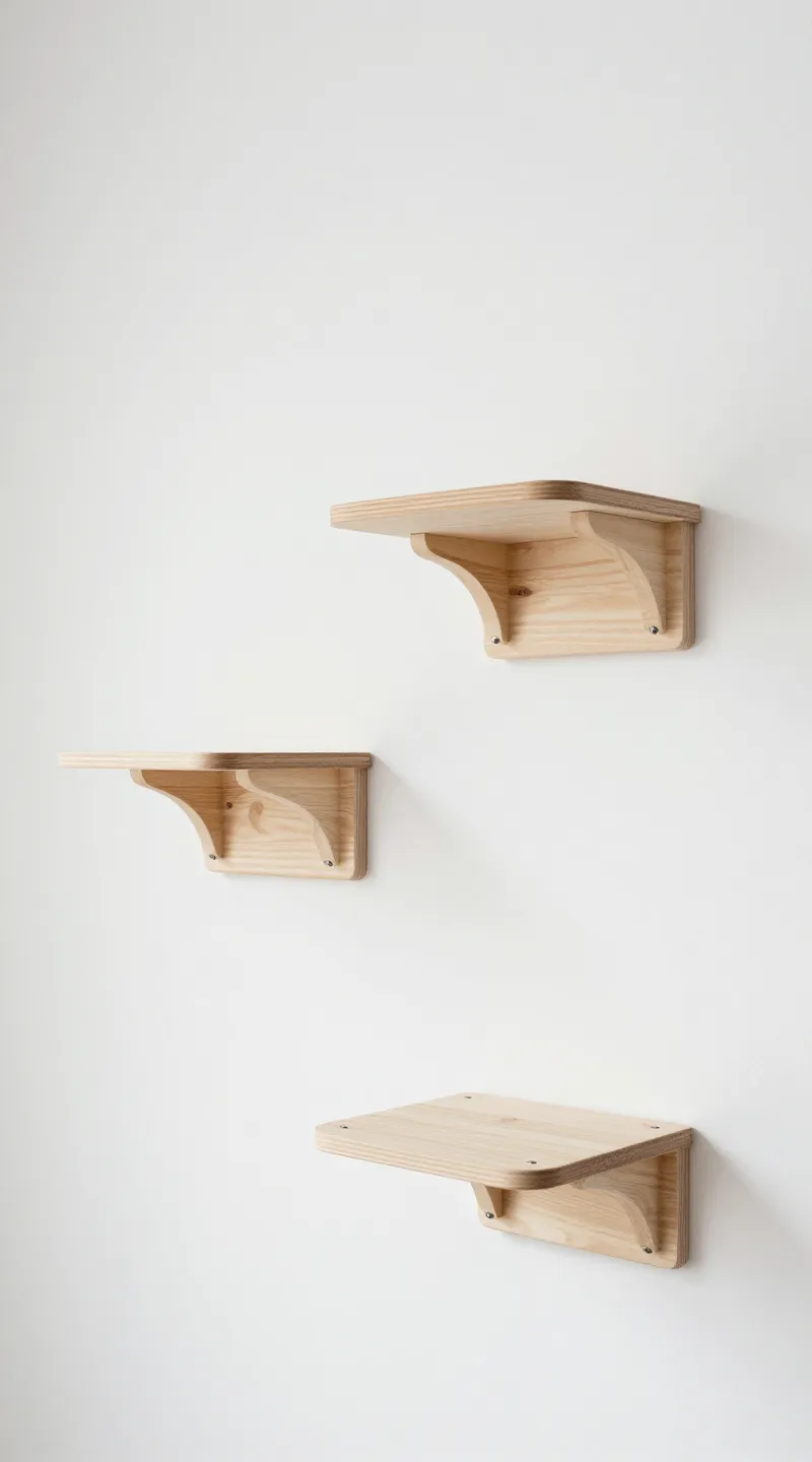 wall-mounted cat shelves on white wall, minimalist apartment style
