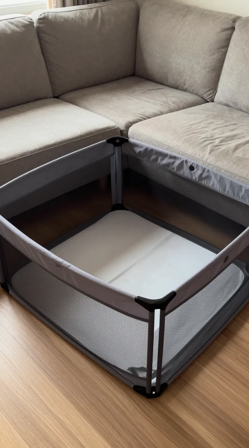 compact indoor pet playpen folded flat beside sofa, natural light