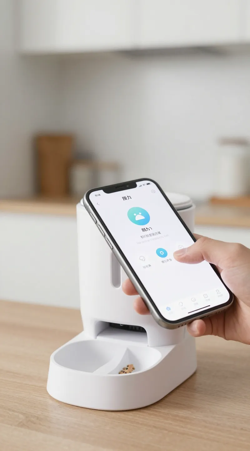 smartphone app controlling pet feeder, close-up, modern kitchen