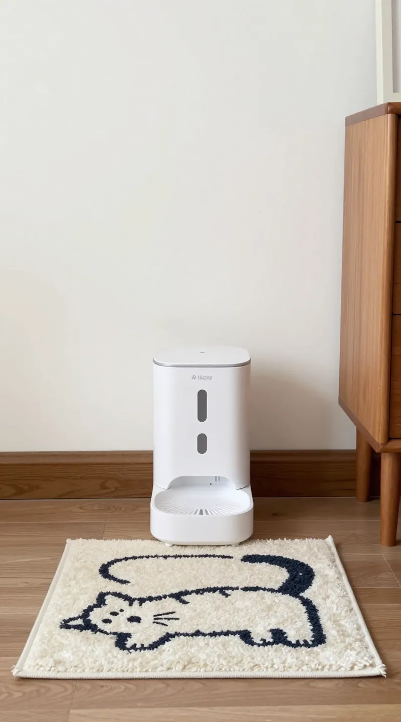tidy living room with discreet automatic feeder beside cat rug
