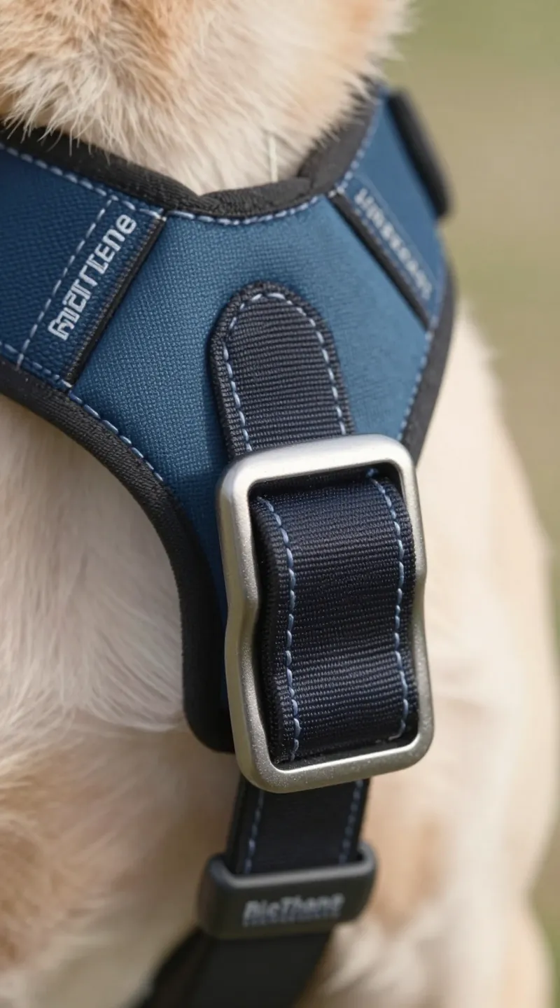 BioThane dog harness stitching and aluminum buckle, macro detail shot