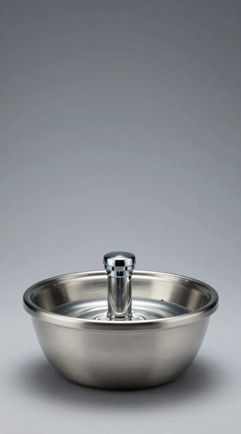 Stainless pet water fountain flowing, charcoal filter visible, studio lighting