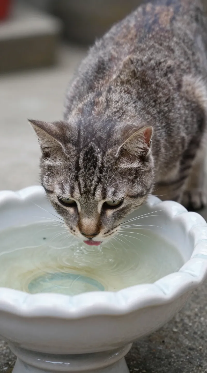 Grey tabby cat drinking from ceramic fountain, shallow depth, daylight
