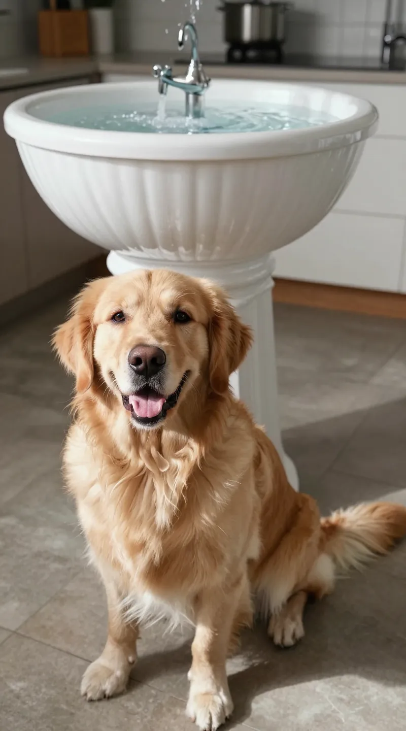 Golden retriever beside large-capacity water fountain, kitchen floor, natural light