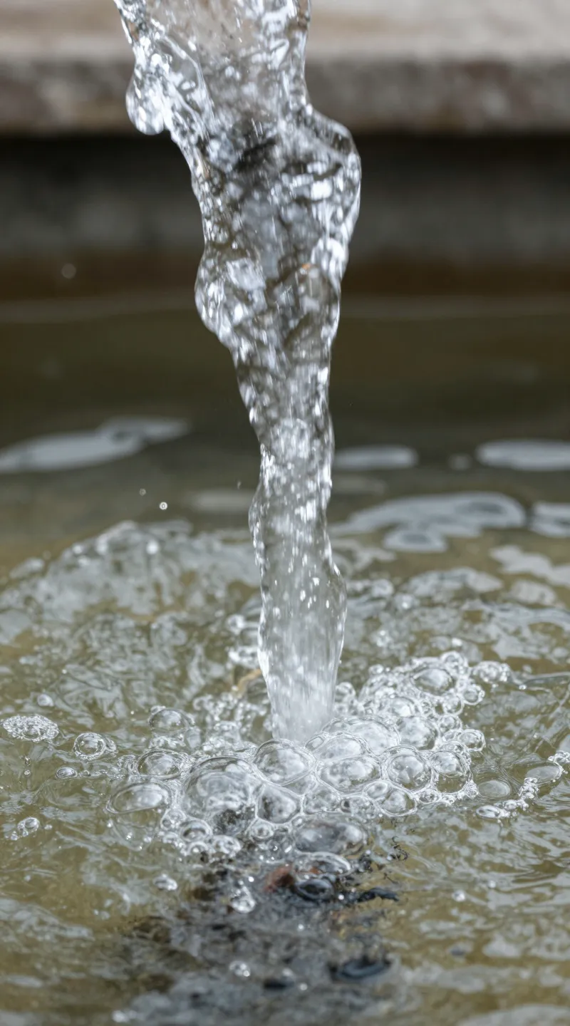 Close-up of clear water stream and bubbles, fountain spout, macro shot