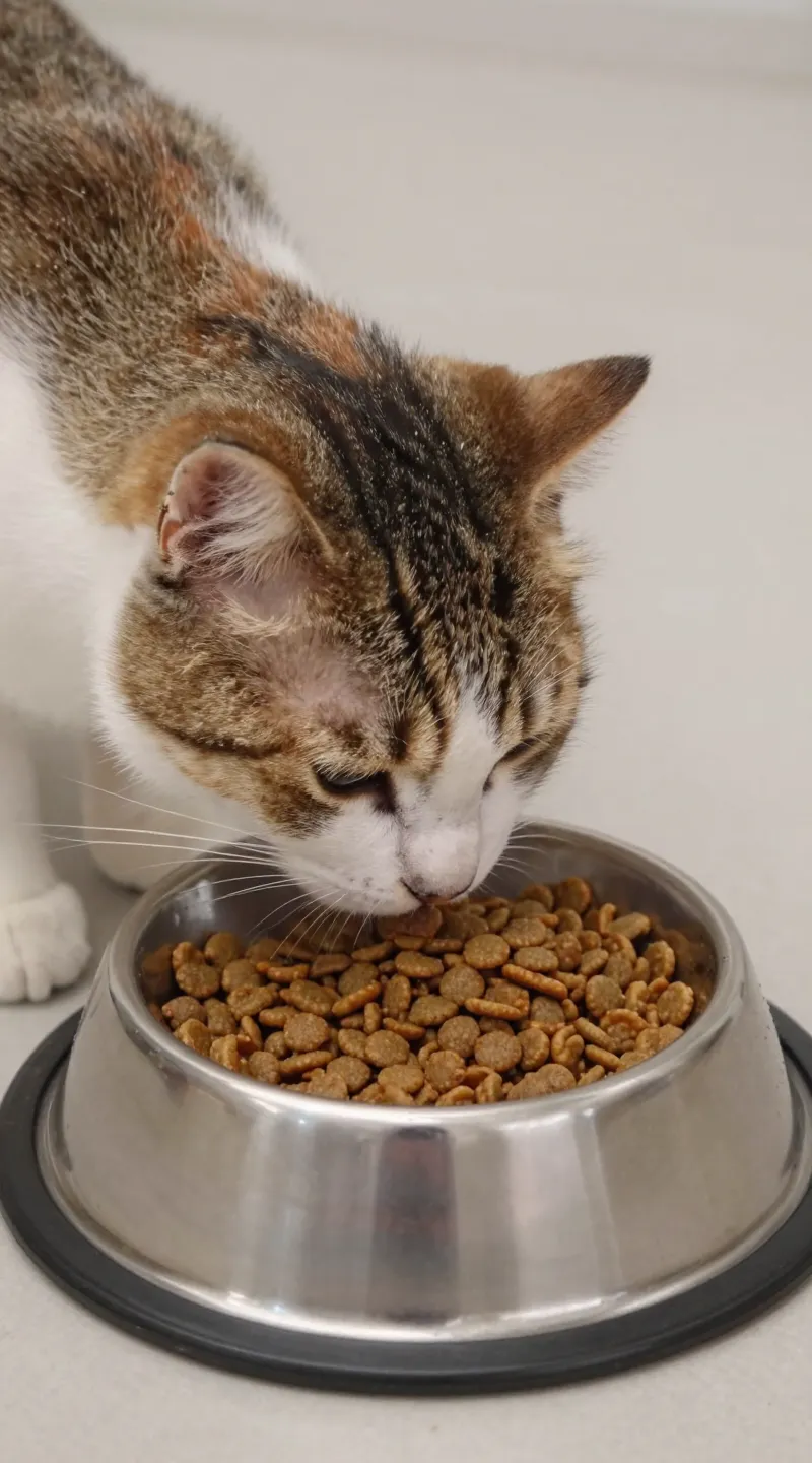 Cat eating dry kibble from feeder tray, stainless bowl
