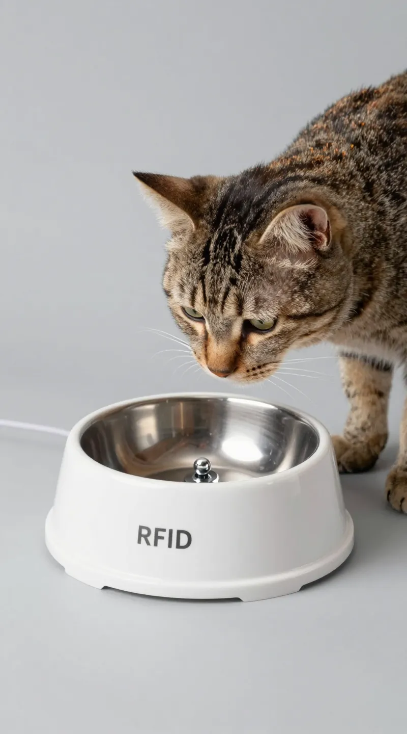 RFID microchip cat bowl unlocking for tabby, studio lighting