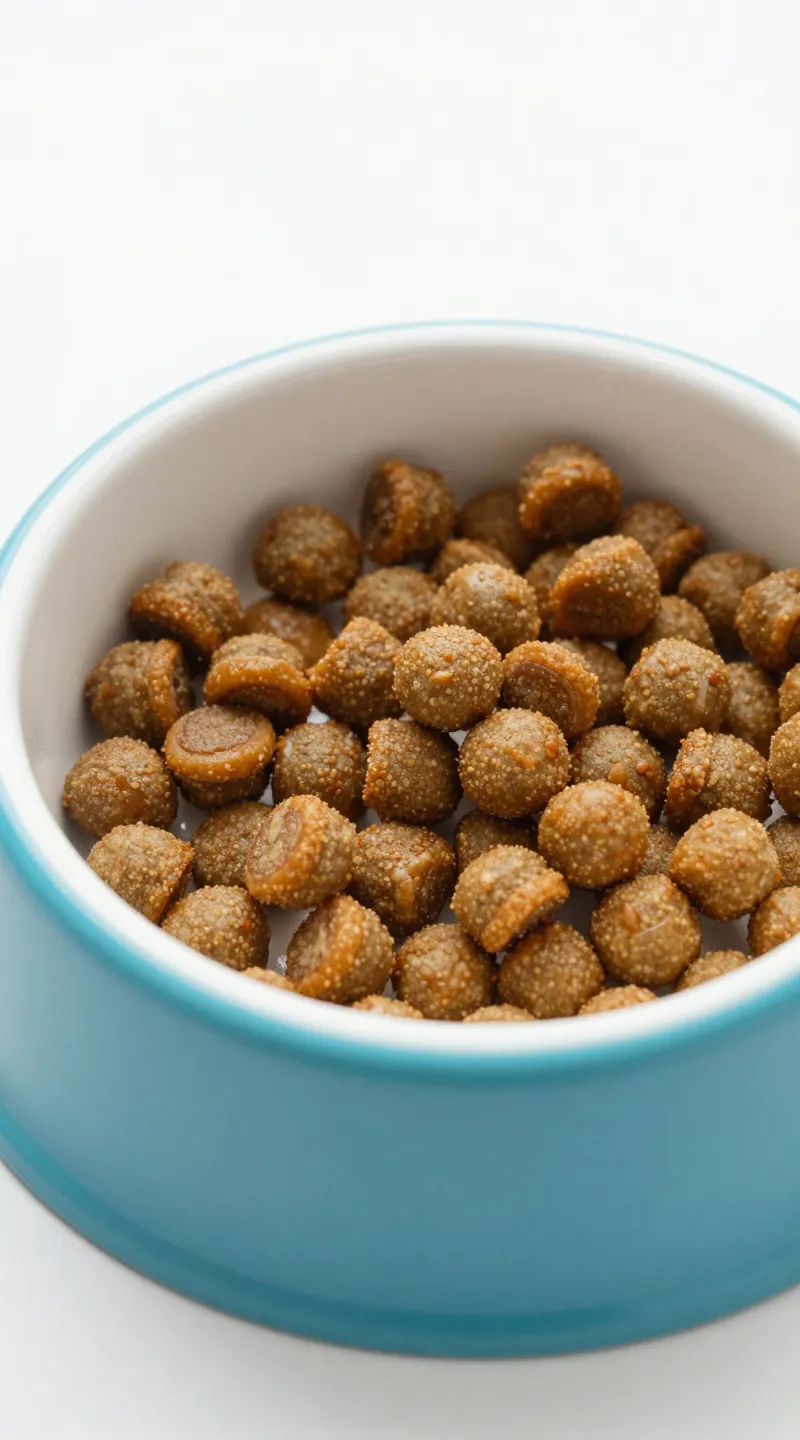 Slow-feed dog bowl with spiral design, kibble close-up
