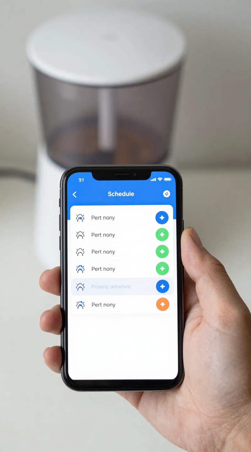 Smartphone screen showing pet feeding schedule, feeder in background