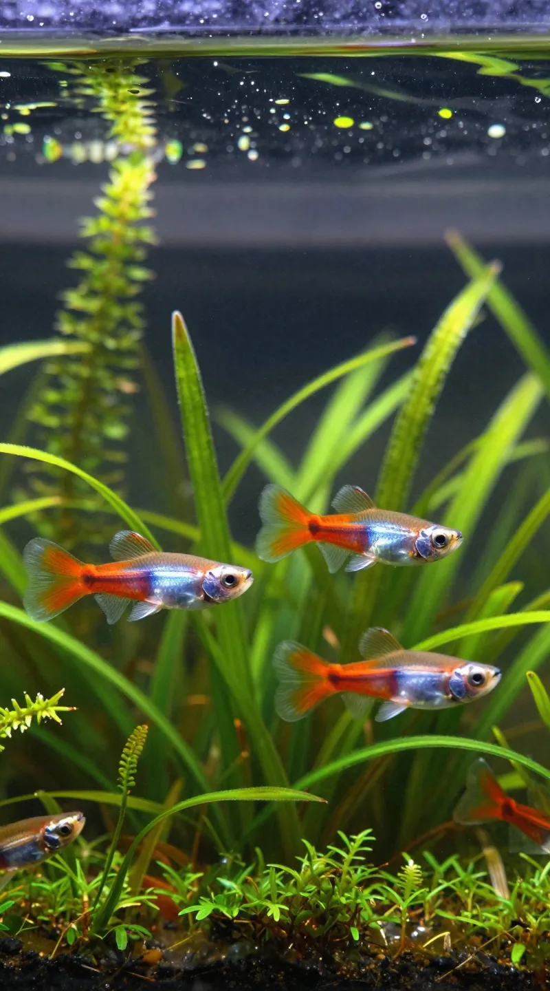 Guppy trio near java moss, crystal-clear freshwater tank