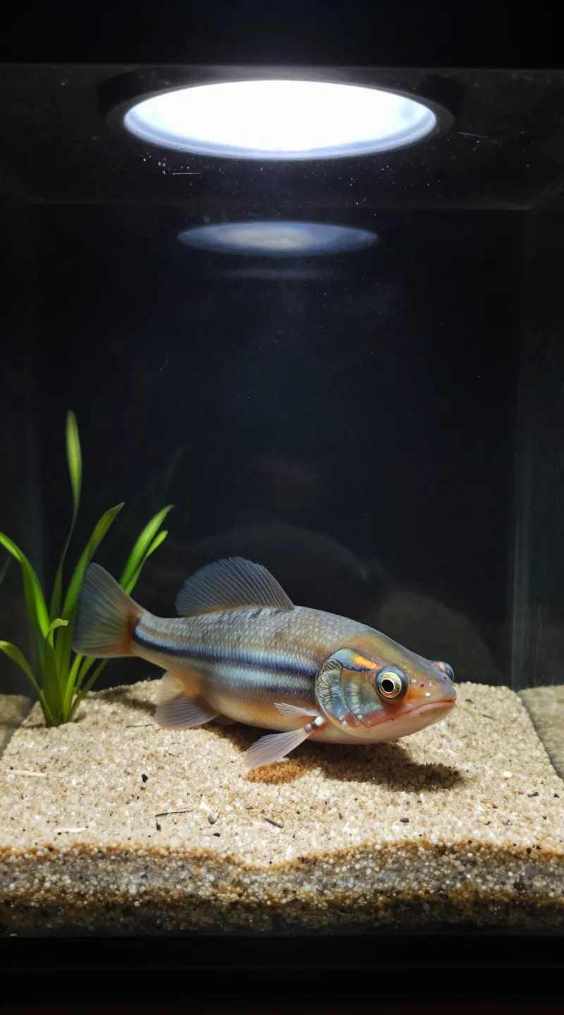 Corydoras on fine sand substrate, gentle overhead light
