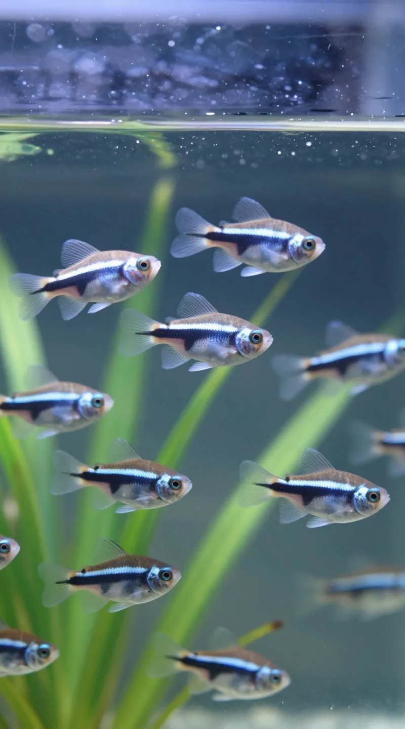 Zebra danios schooling in 10-gallon tank, clean background