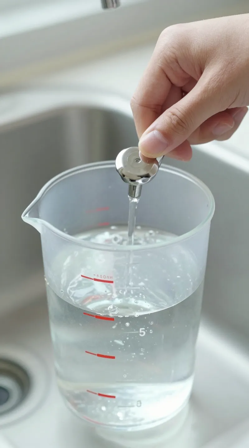 hand topping off aquarium water with measuring cup, daylight