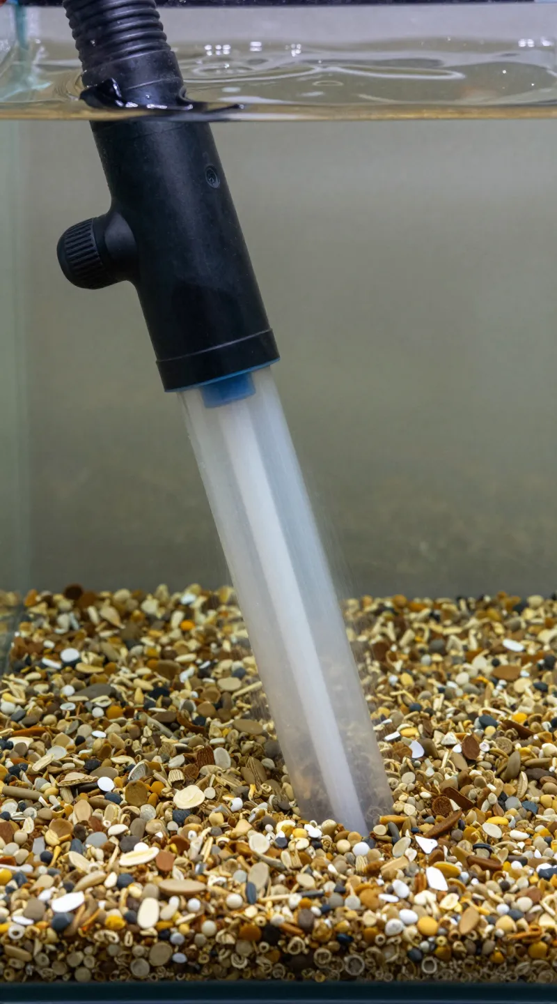 siphon vacuum cleaning aquarium gravel, close-up, clear water