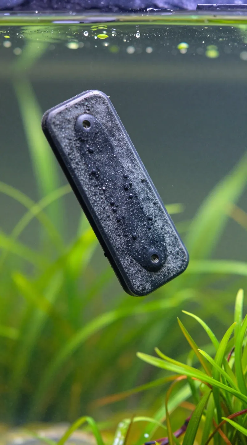 cleaning algae from aquarium glass with magnetic scraper, macro shot