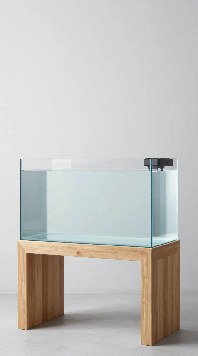 20-gallon glass aquarium on oak stand, crystal-clear water