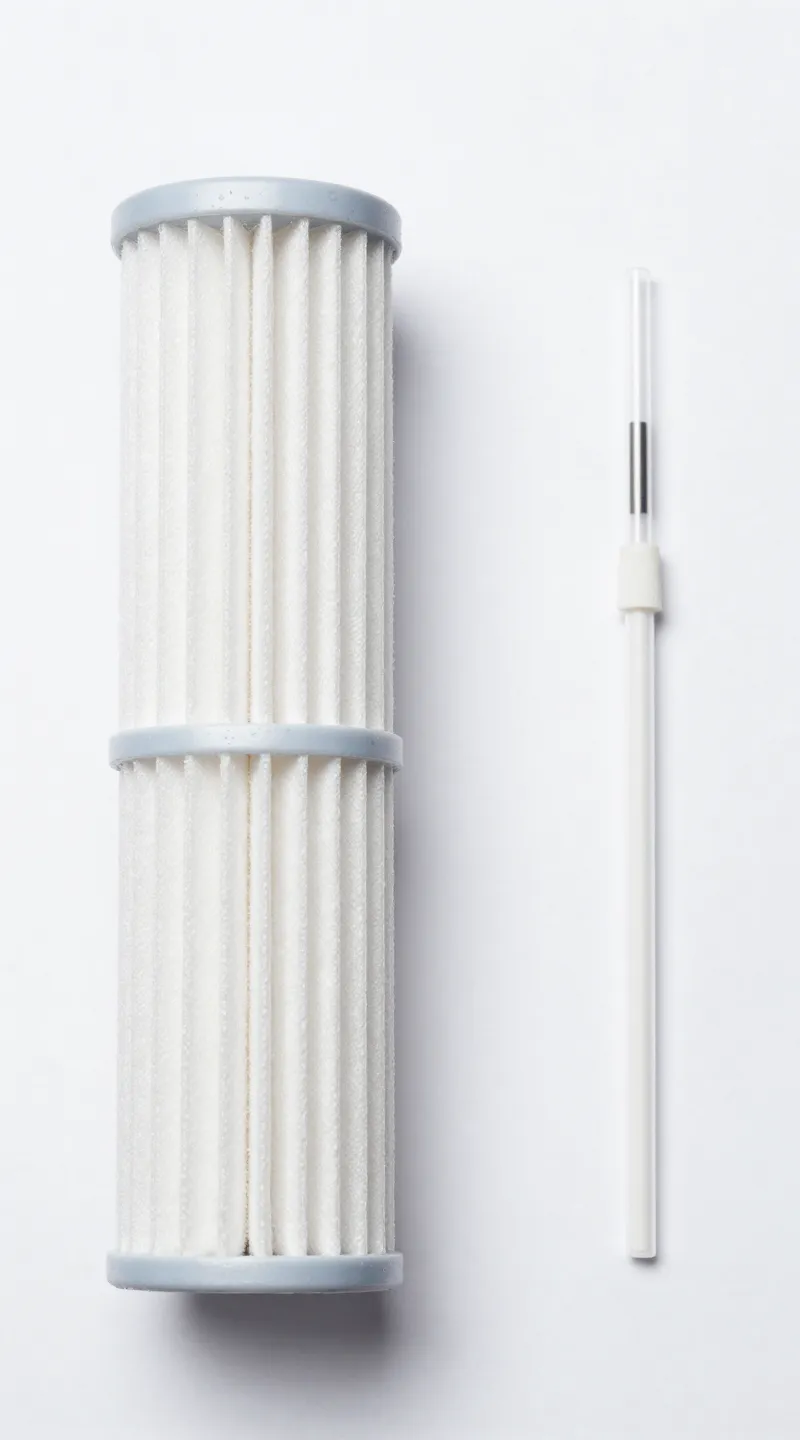 Clean filter media and test kit on white background