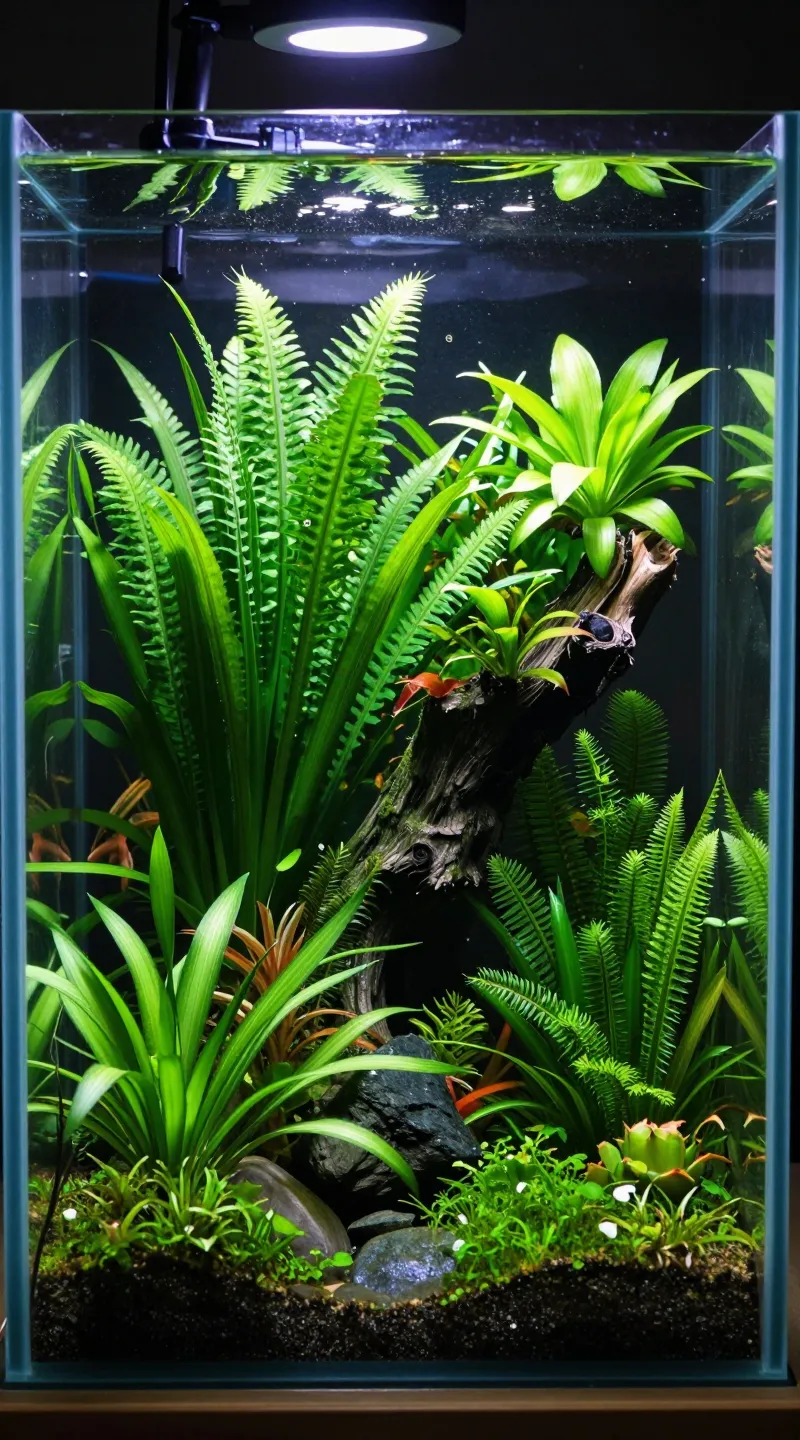 Aquascaped tank with live plants, ample swimming space