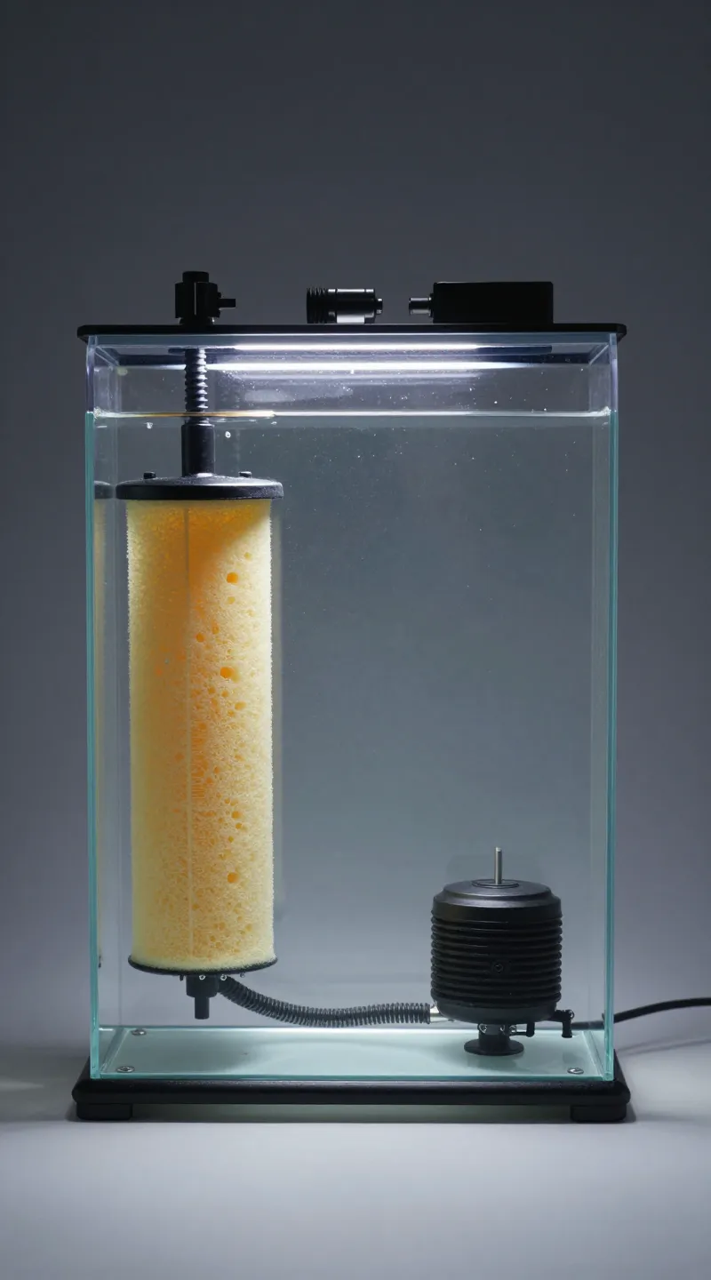 empty cycling tank with sponge filter and heater, studio lighting
