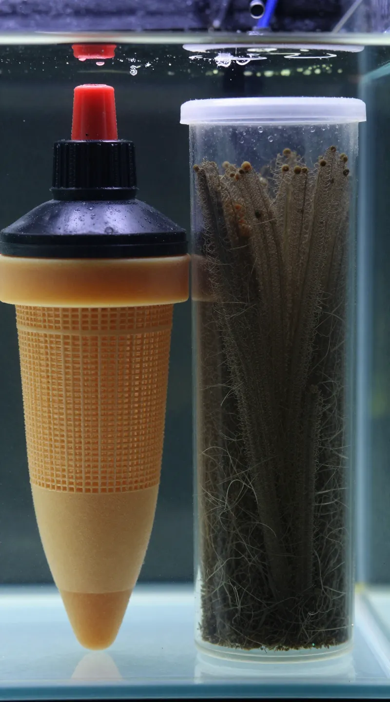 beneficial bacteria bottle next to aquarium filter media, close-up photo