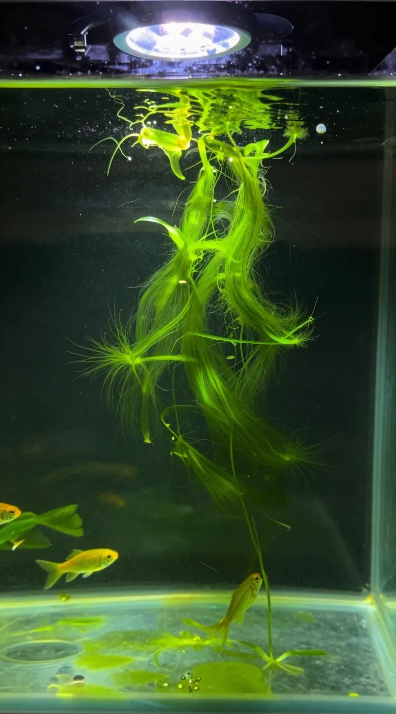 fish tank with green-tinted water, overhead lighting, algae bloom