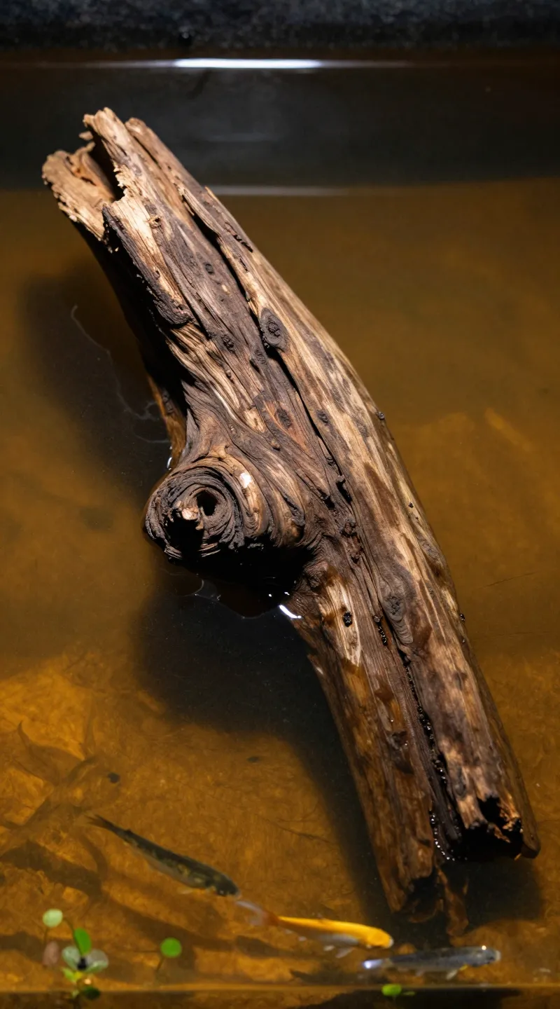 aquascape with tea-brown water from driftwood, minimal fish