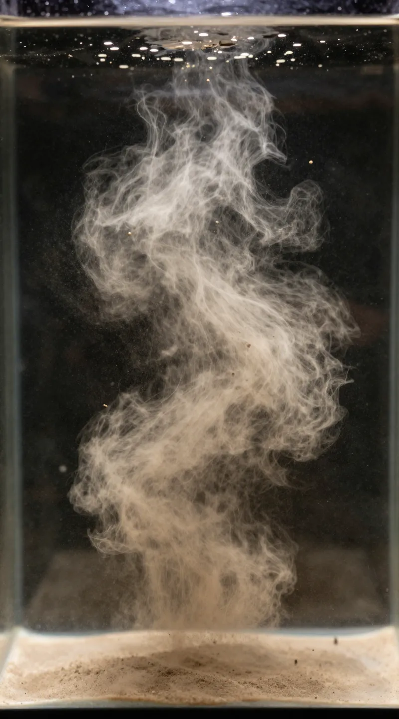 substrate dust cloud in tank, particles suspended, macro shot