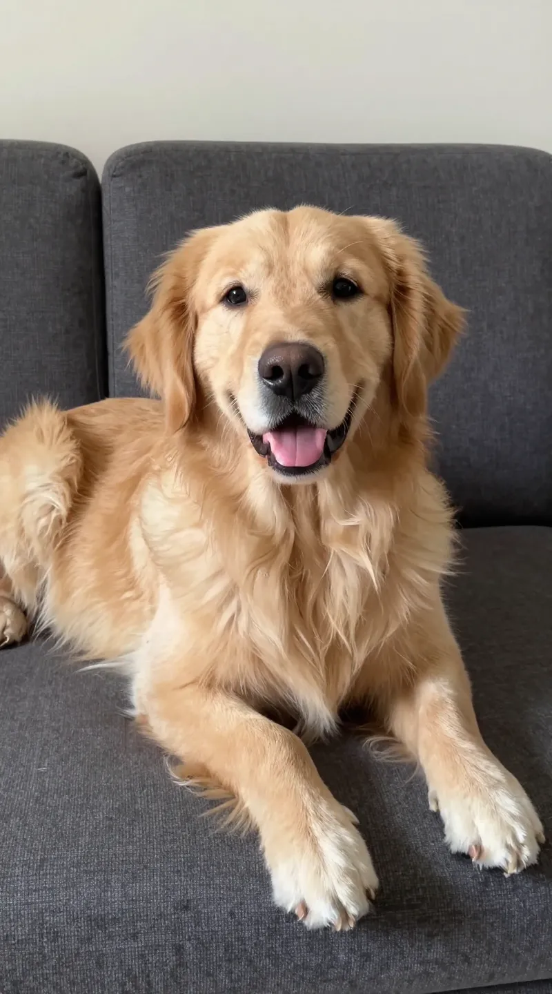 golden retriever on performance fabric sofa, minimal shedding visible
