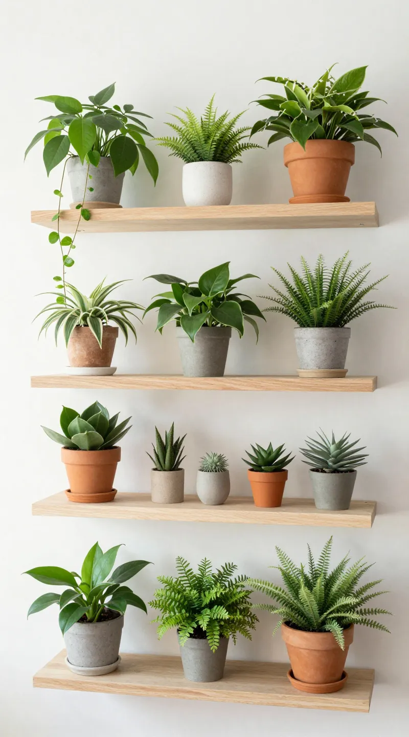 cat-safe indoor plants on high floating shelves, sunlight