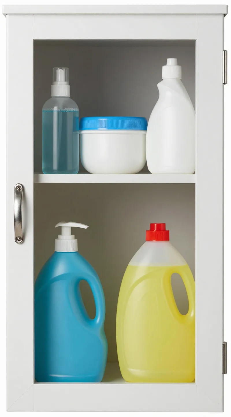 sealed cabinet with child lock and cleaning products inside