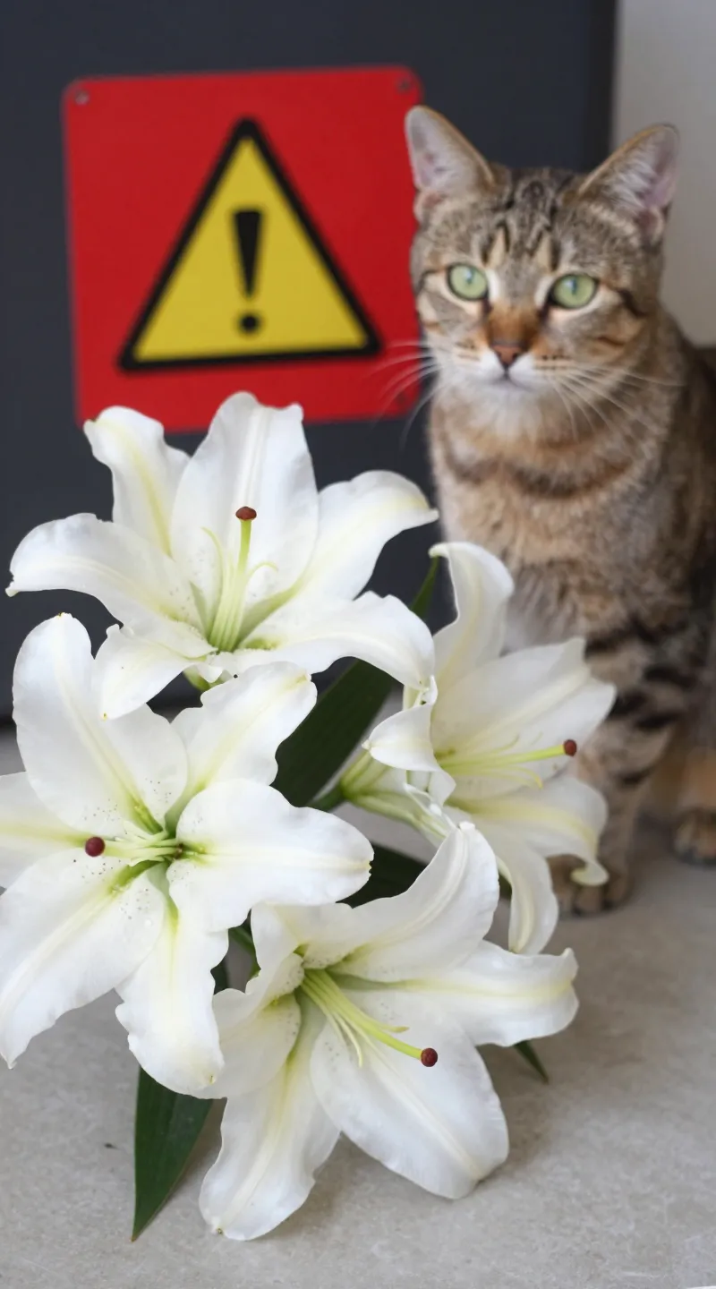 white lily bouquet near cat, red warning label nearby