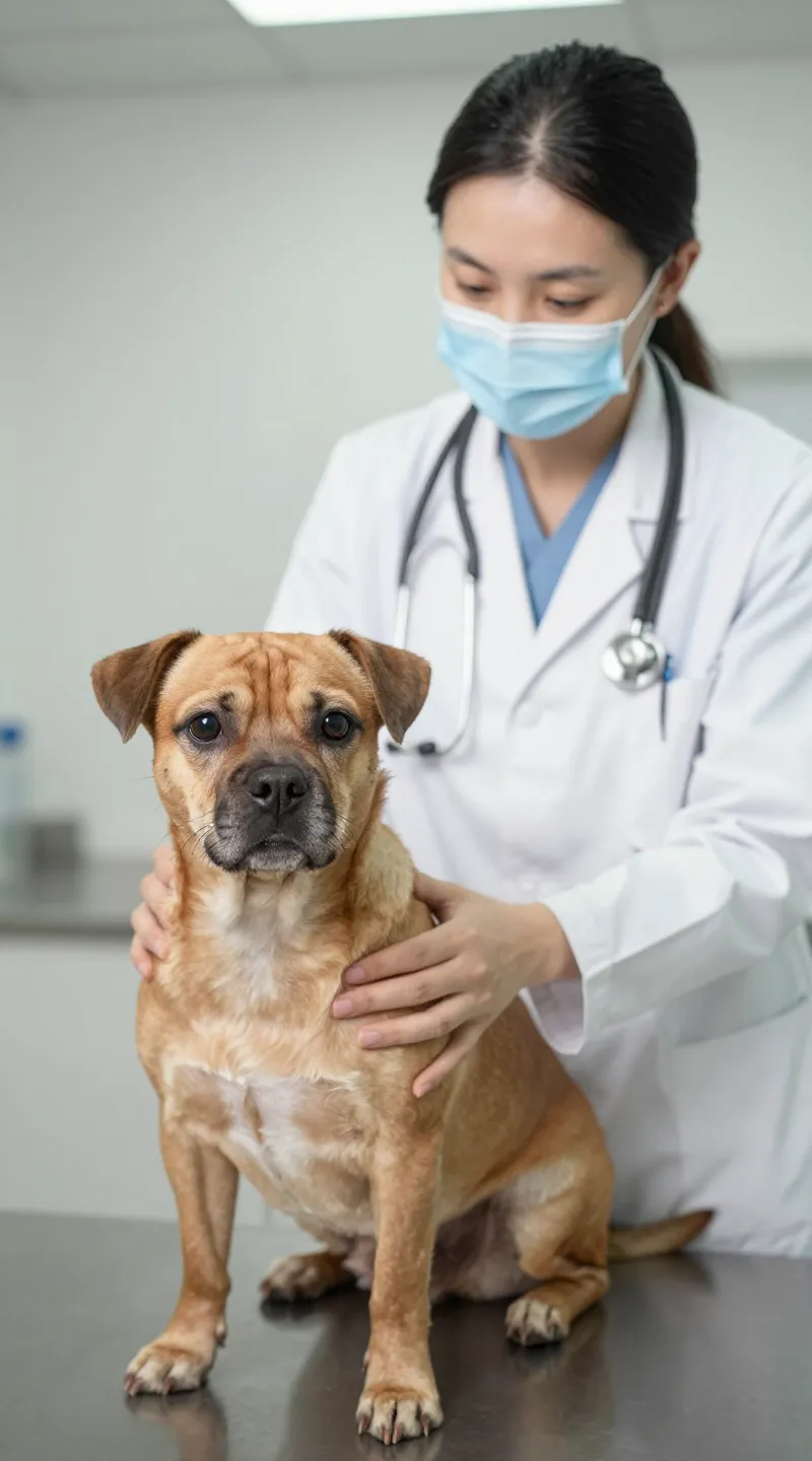 vet checking snub-nosed dog before travel, clinical lighting