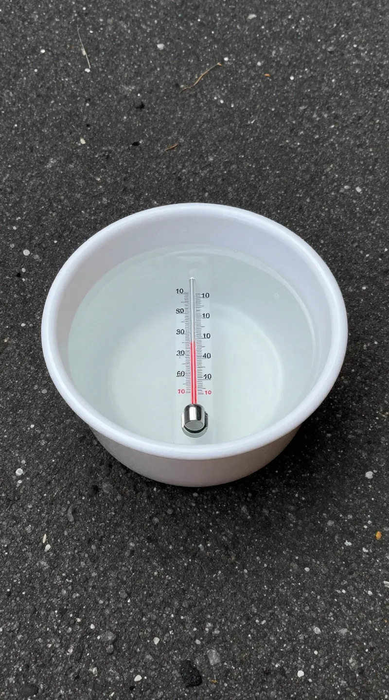 travel water bowl on hot sidewalk, thermometer showing heat