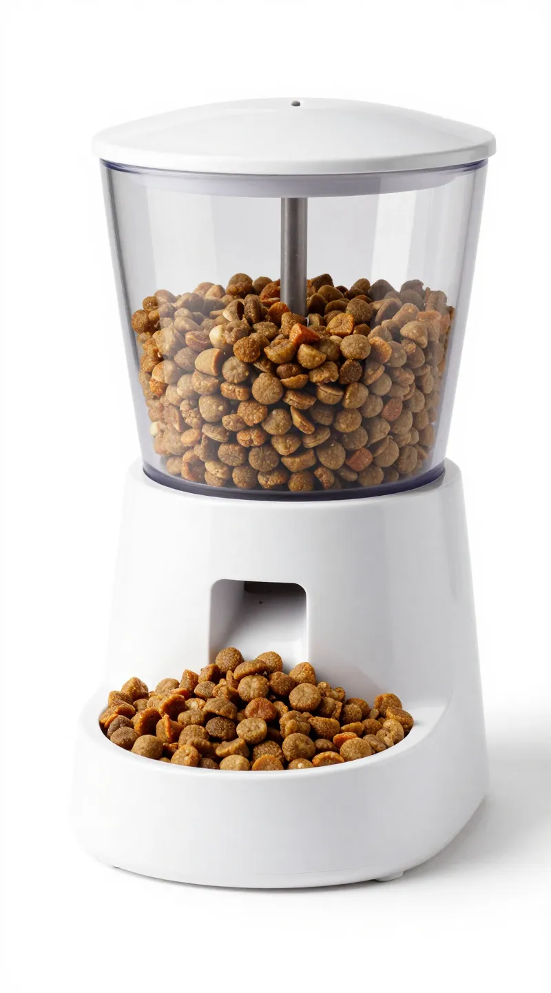 Automatic pet feeder dispensing kibble on white background, studio light
