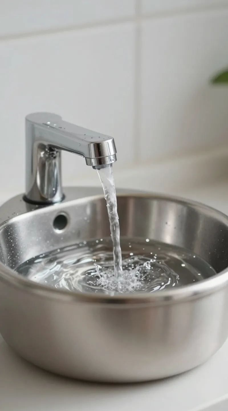 Stainless pet water fountain with flowing stream, close-up, crisp