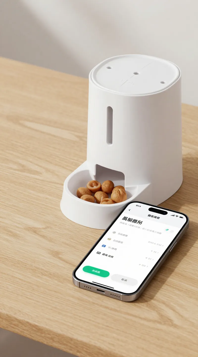 Smart feeder app on phone beside filled feeder, tabletop shot