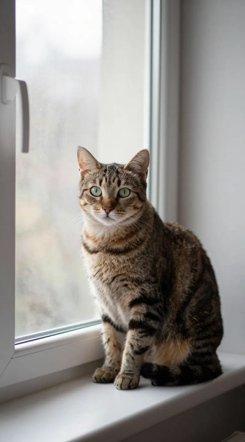 Tabby cat on window perch, soft morning light
