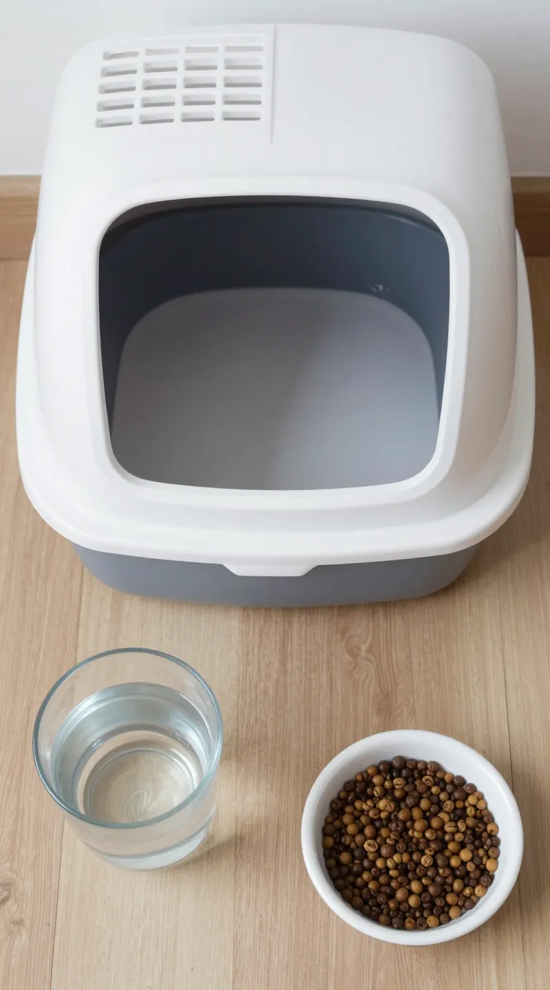 Litter box, water, and food neatly arranged