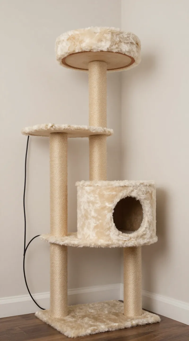 Cat tree against wall with secured cables nearby