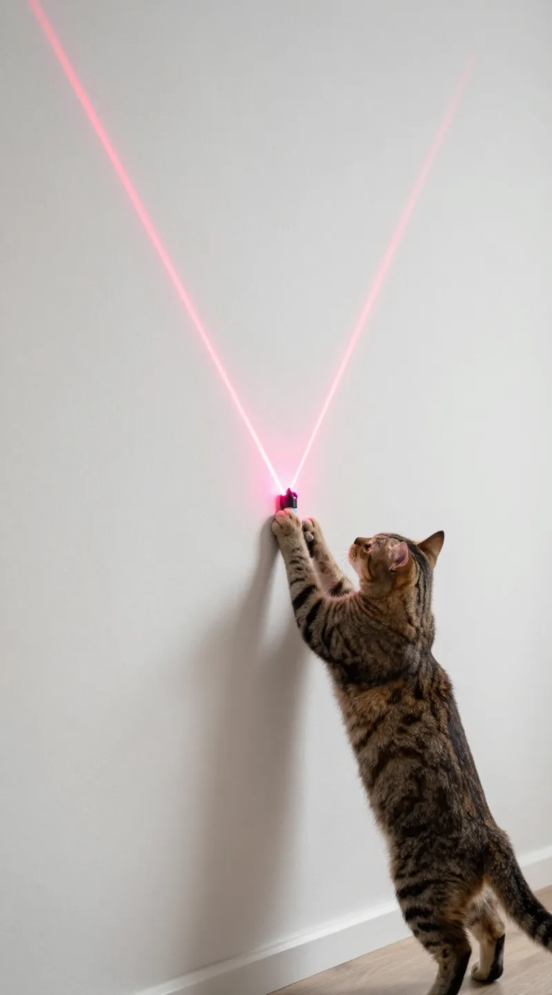 Laser toy dot on wall with tabby cat pouncing