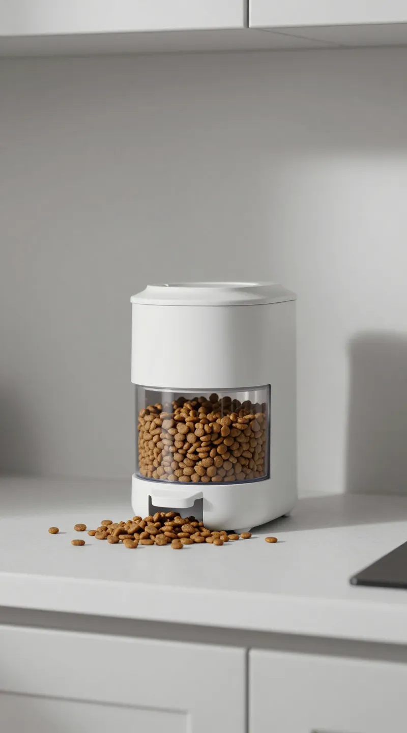 Battery feeder puzzle dispensing kibble, minimalist kitchen counter