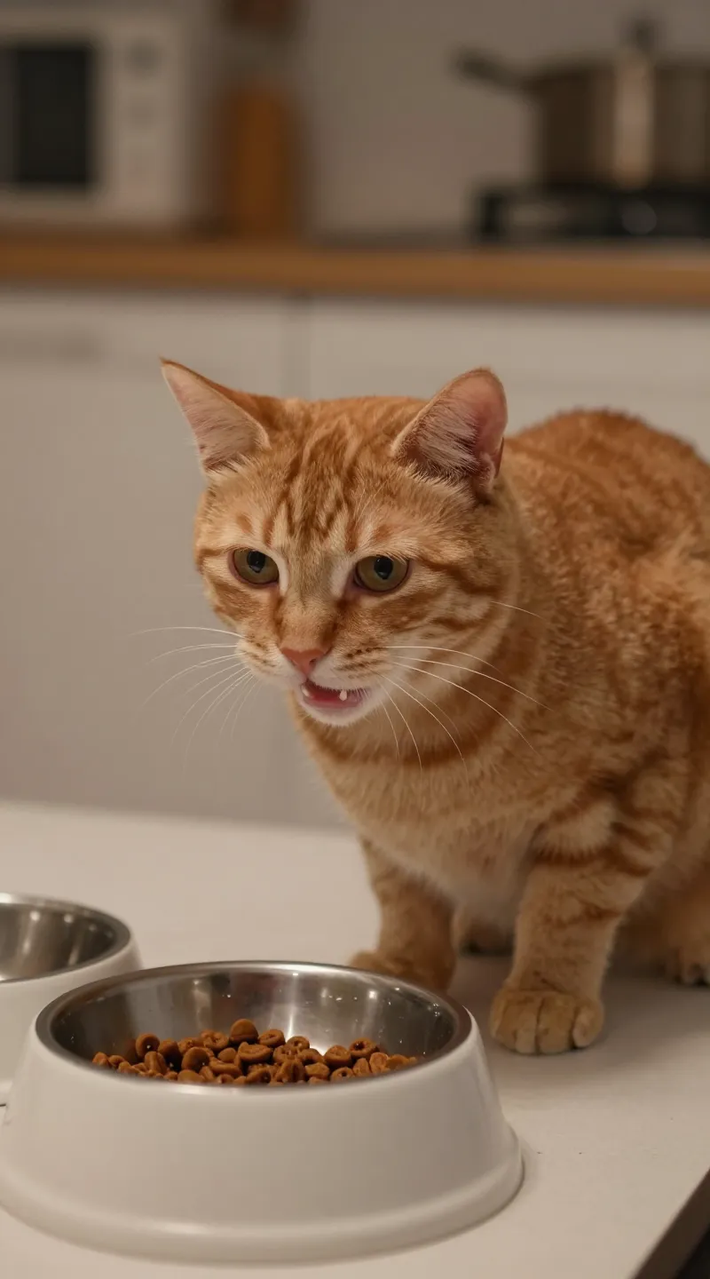 Orange cat meowing beside empty food bowl pre-dawn kitchen