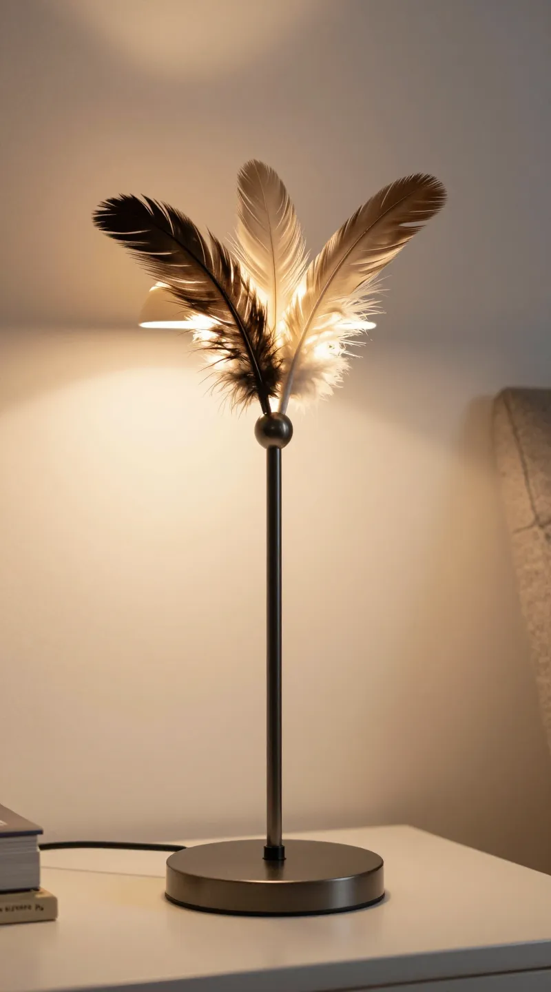 Calico batting feather wand evening playtime, living room lamp lighting